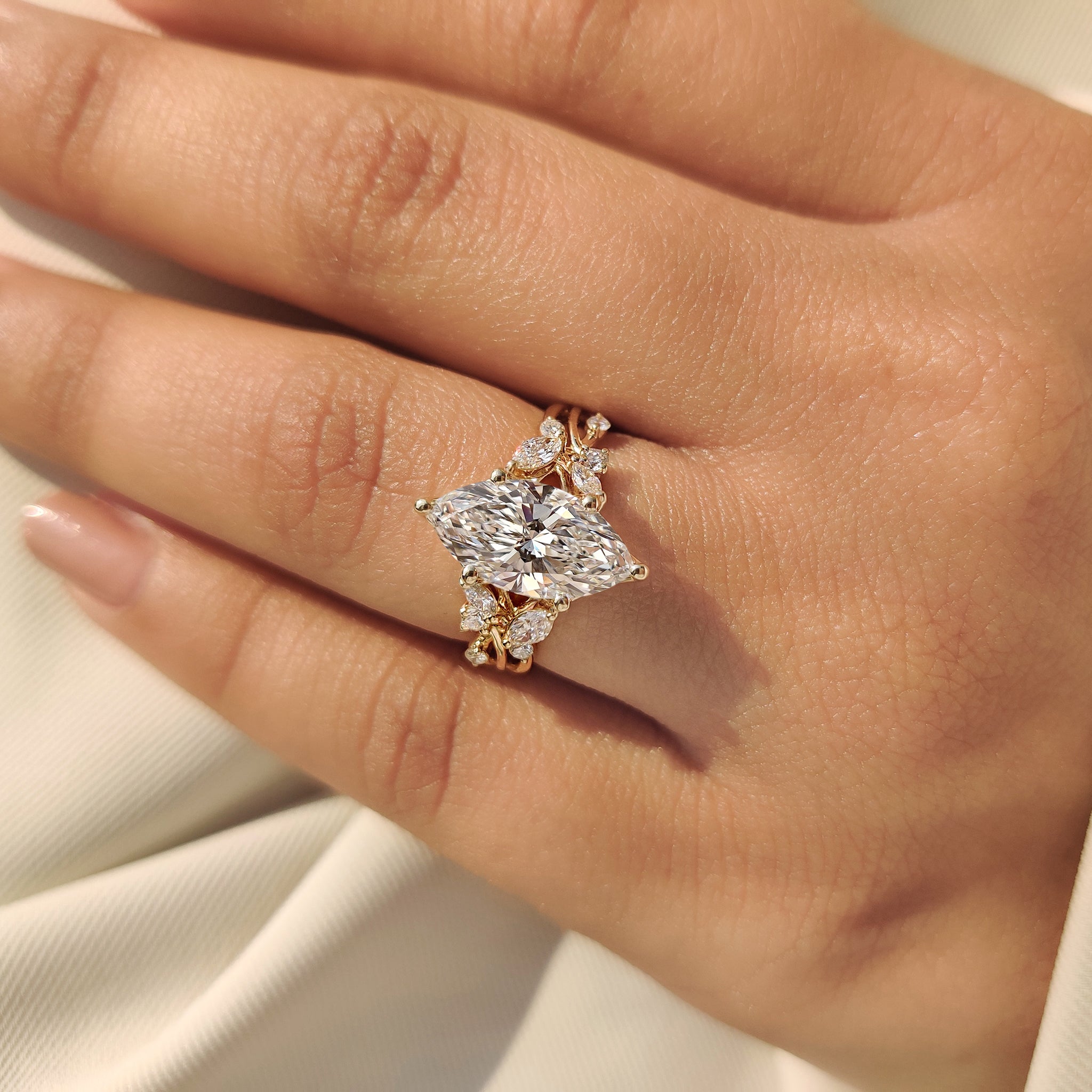 Marquise Diamond Nature Inspired Engagement Ring in Tulip Setting
