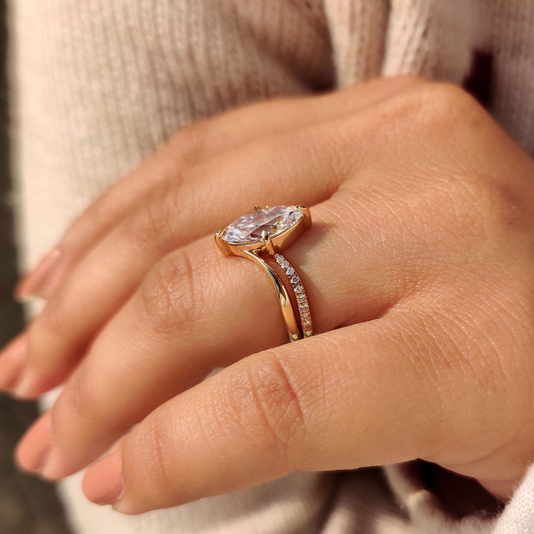 Solitaire Marquise Ring With Wedding Band in half eternity