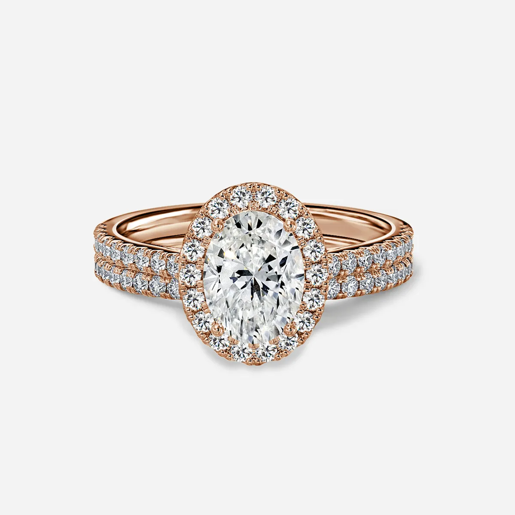 1.0 CT Oval Cut Moissanite Halo & Pave Bridal Ring Set