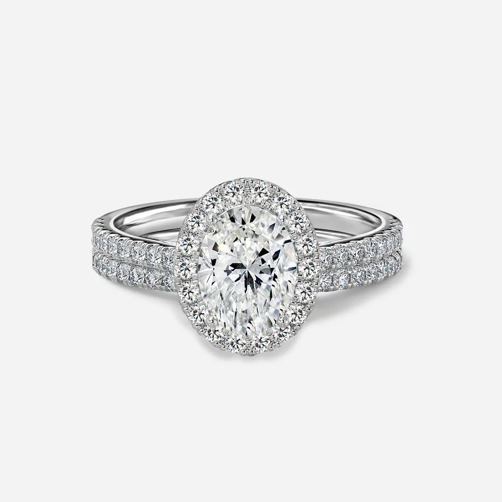 1.0 CT Oval Cut Moissanite Halo & Pave Bridal Ring Set