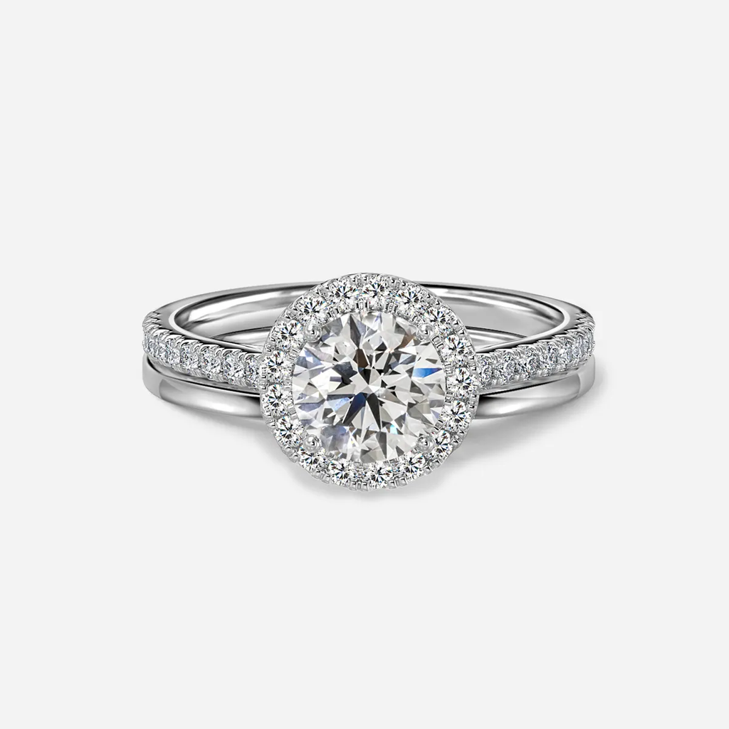 1.0 CT Round Cut Moissanite Halo & Pave Bridal Ring Set