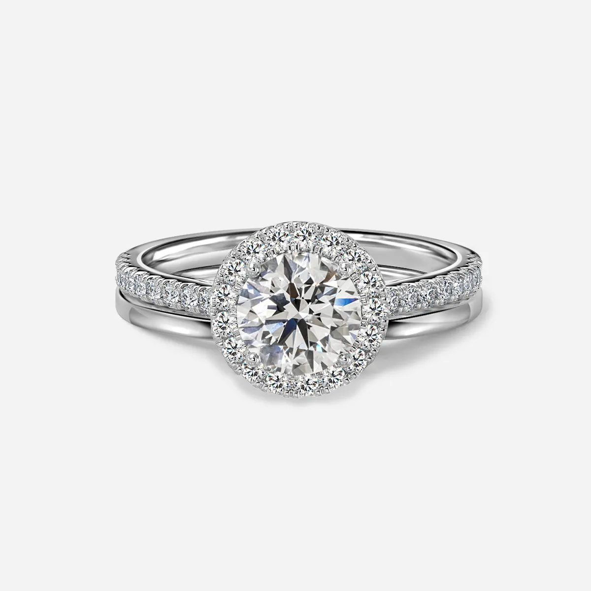 1.0 CT Round Cut Moissanite Halo & Pave Bridal Ring Set