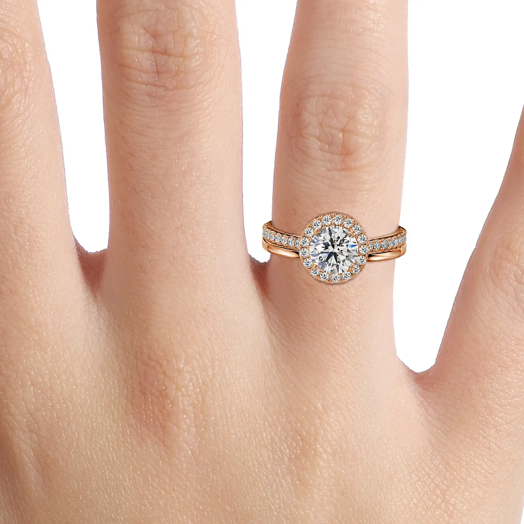 1.0 CT Round Cut Moissanite Halo & Pave Bridal Ring Set