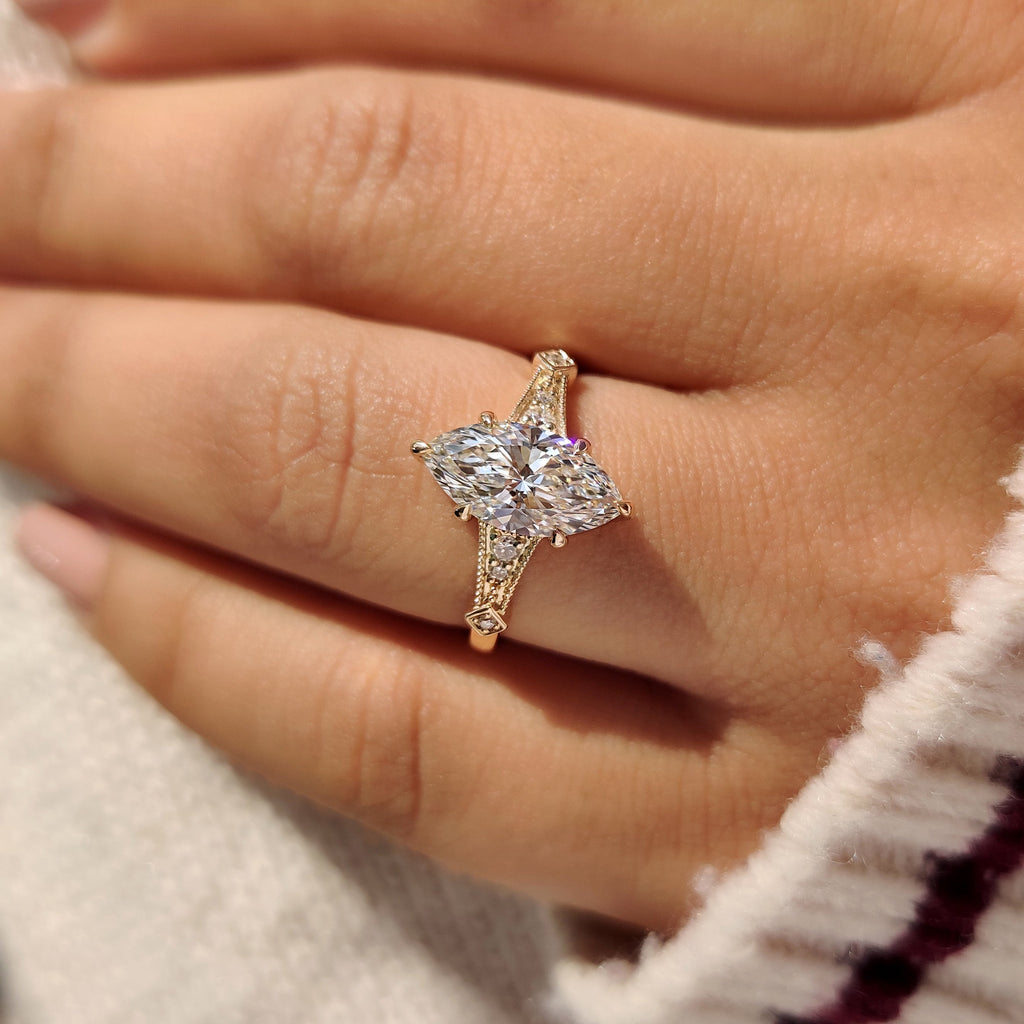 Marquise Cut Diamond Ring in Milgrain Details