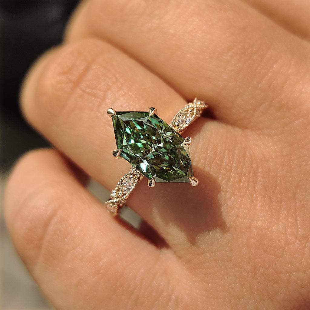 Green Dutch Marquise Engagement Ring with Milgrain Details