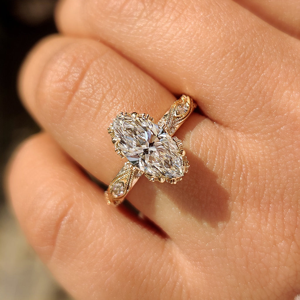Marquise Cut Diamond Ring with Hidden Flower Crown