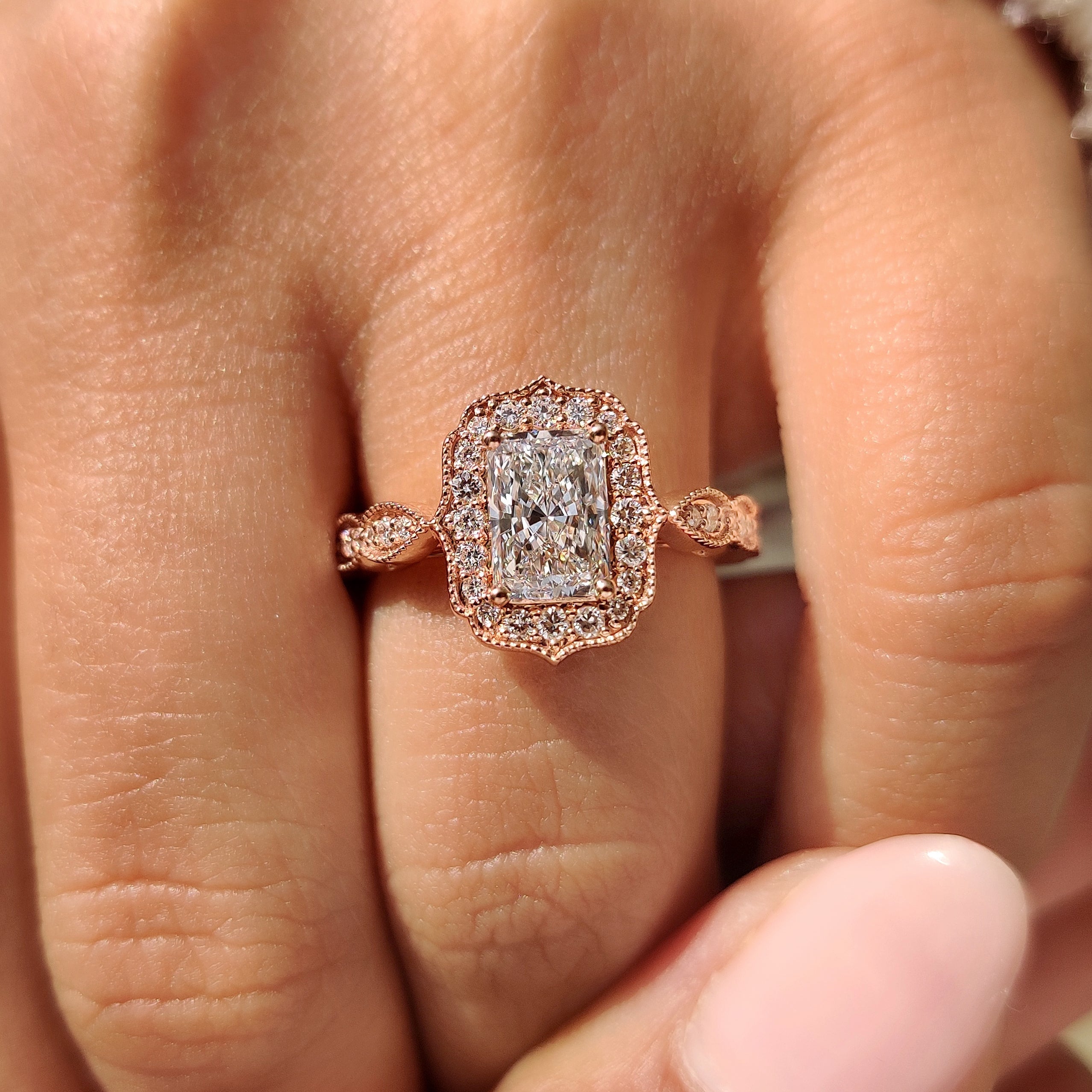 Radiant Cut Diamond Ring in Milgrain Vintage Style