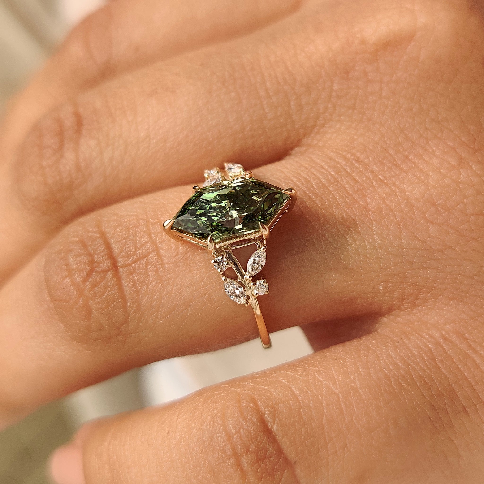 Nature Inspired Green Dutch Marquise Engagement Ring