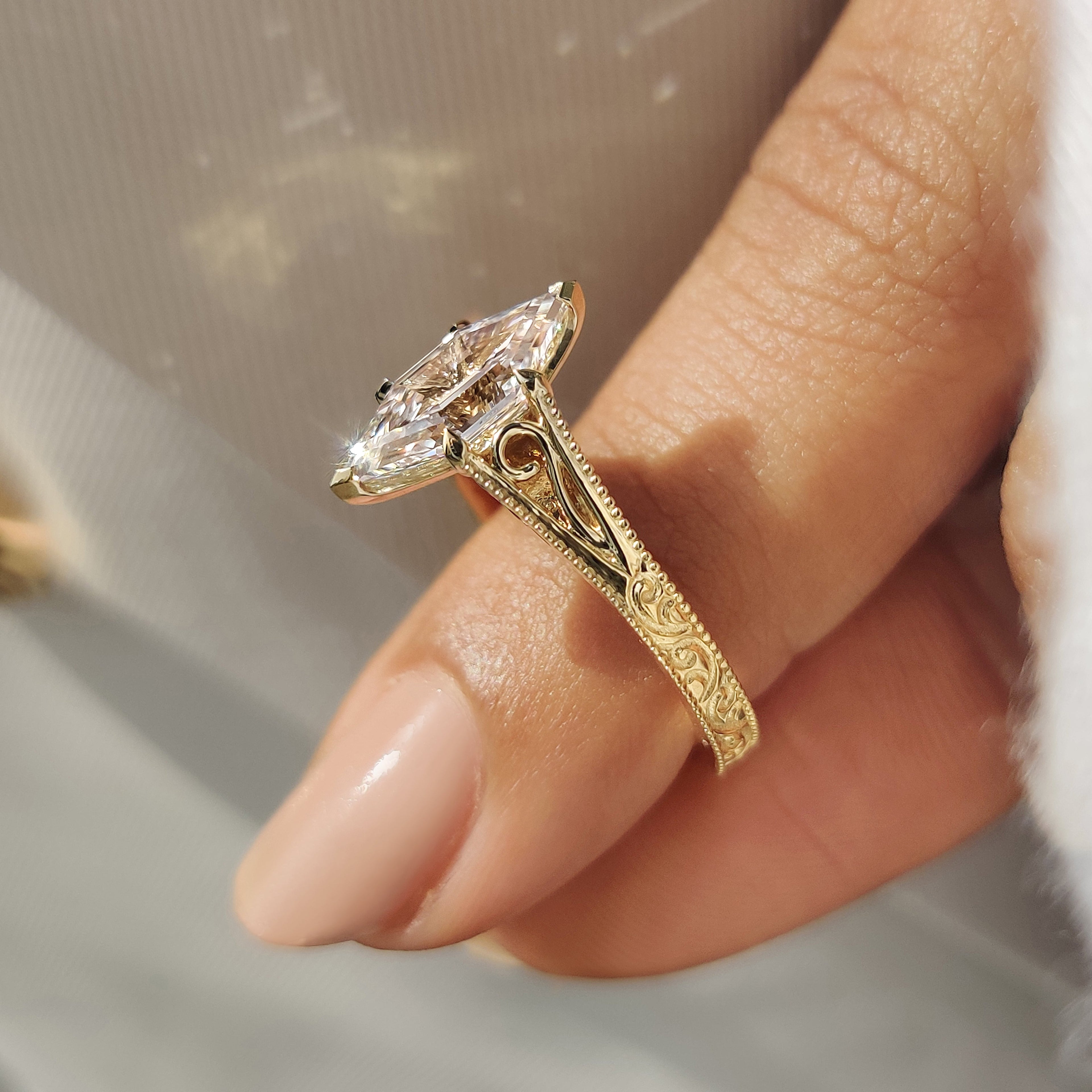 Hexagon Step Solitaire Diamond Ring In Milgrain Details