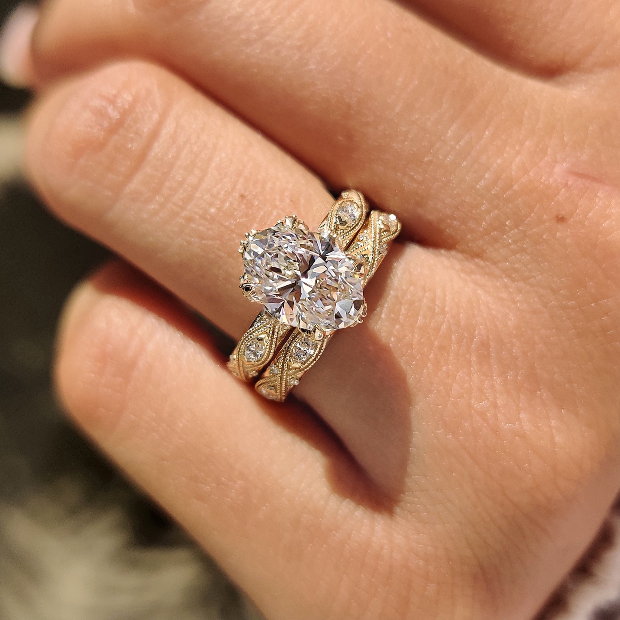 Oval Cut Ring with Eternity Band Vintage Bridal Set in Milgrain Details Secondary image