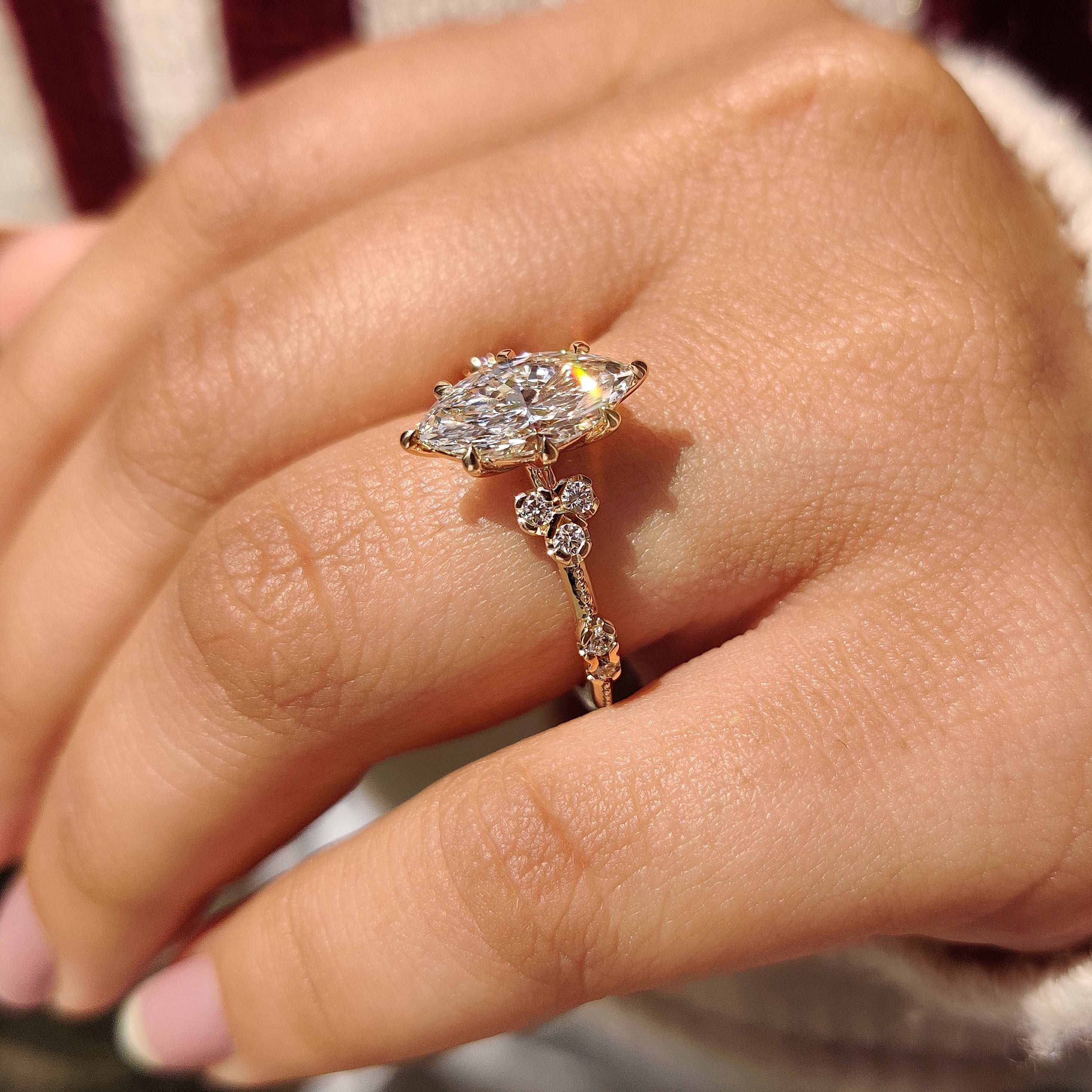 Vintage Style Marquise Lab Grown Diamond Ring with Milgrain Details