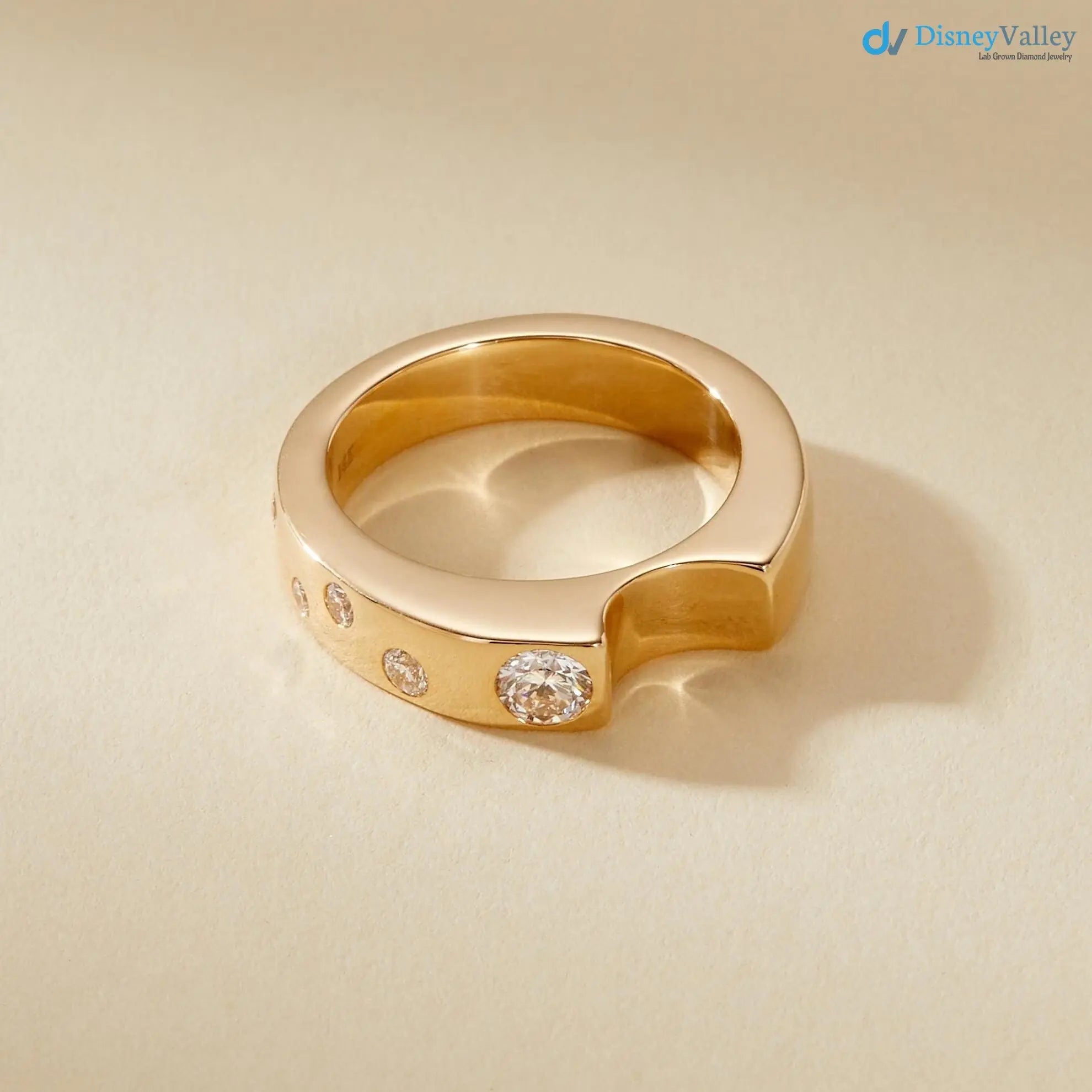 Modern Geometric Diamond Ring in 14K Yellow Gold, Sustainable Modern Bezel Set Band DisneyValley