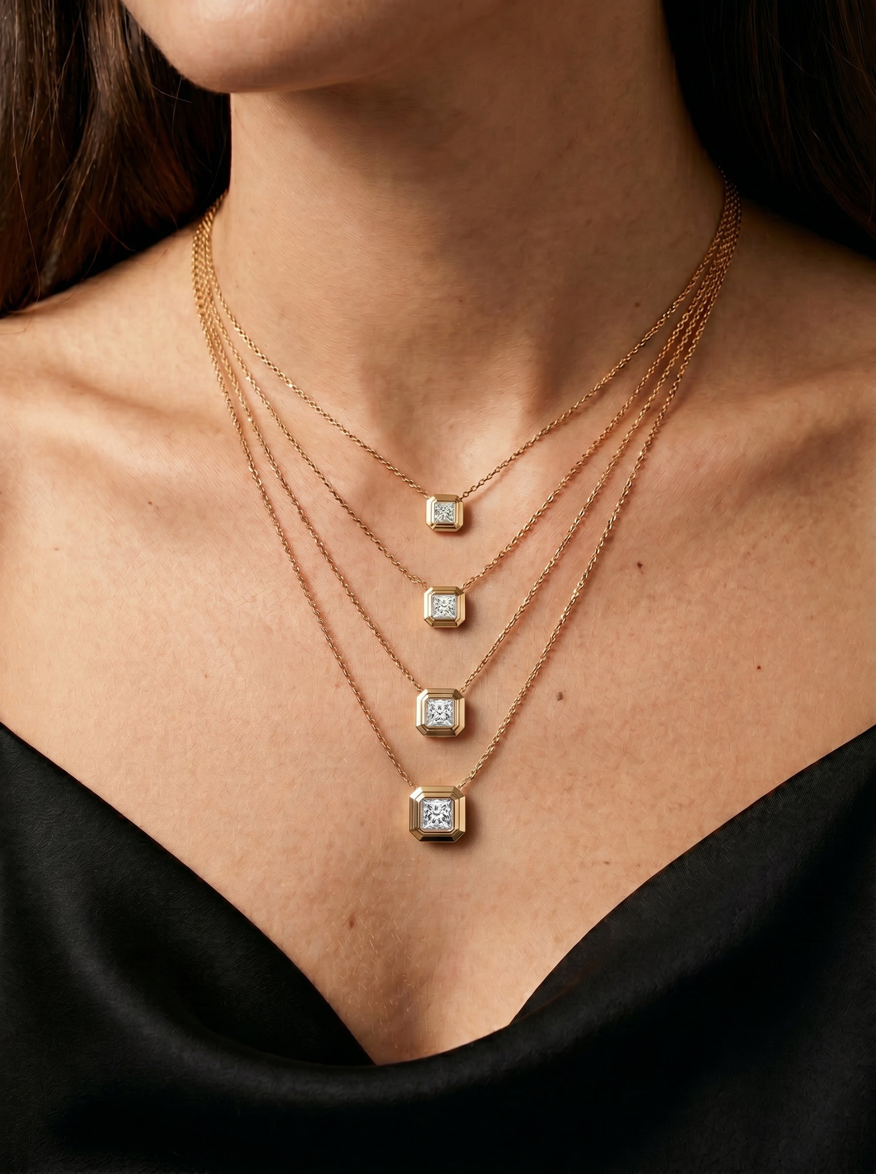 LODE Solitaire Bezel Set Floating Princess Cut Diamond Pendant Necklace