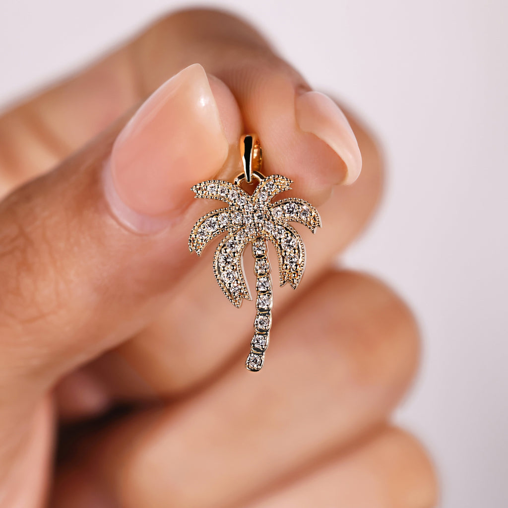 Palm Tree Pendant with Round Lab Grown Diamond in Tropical Style