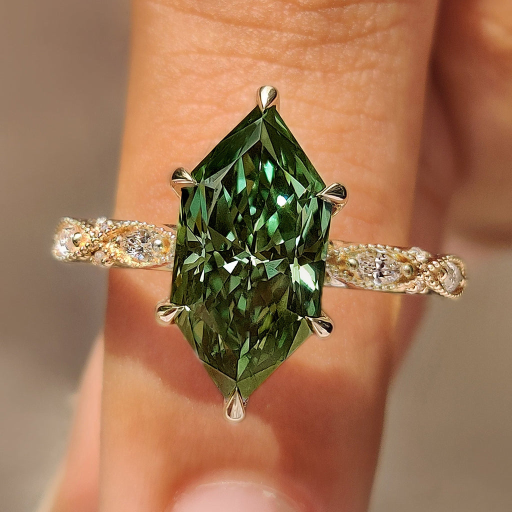Green Dutch Marquise Engagement Ring with Milgrain Details