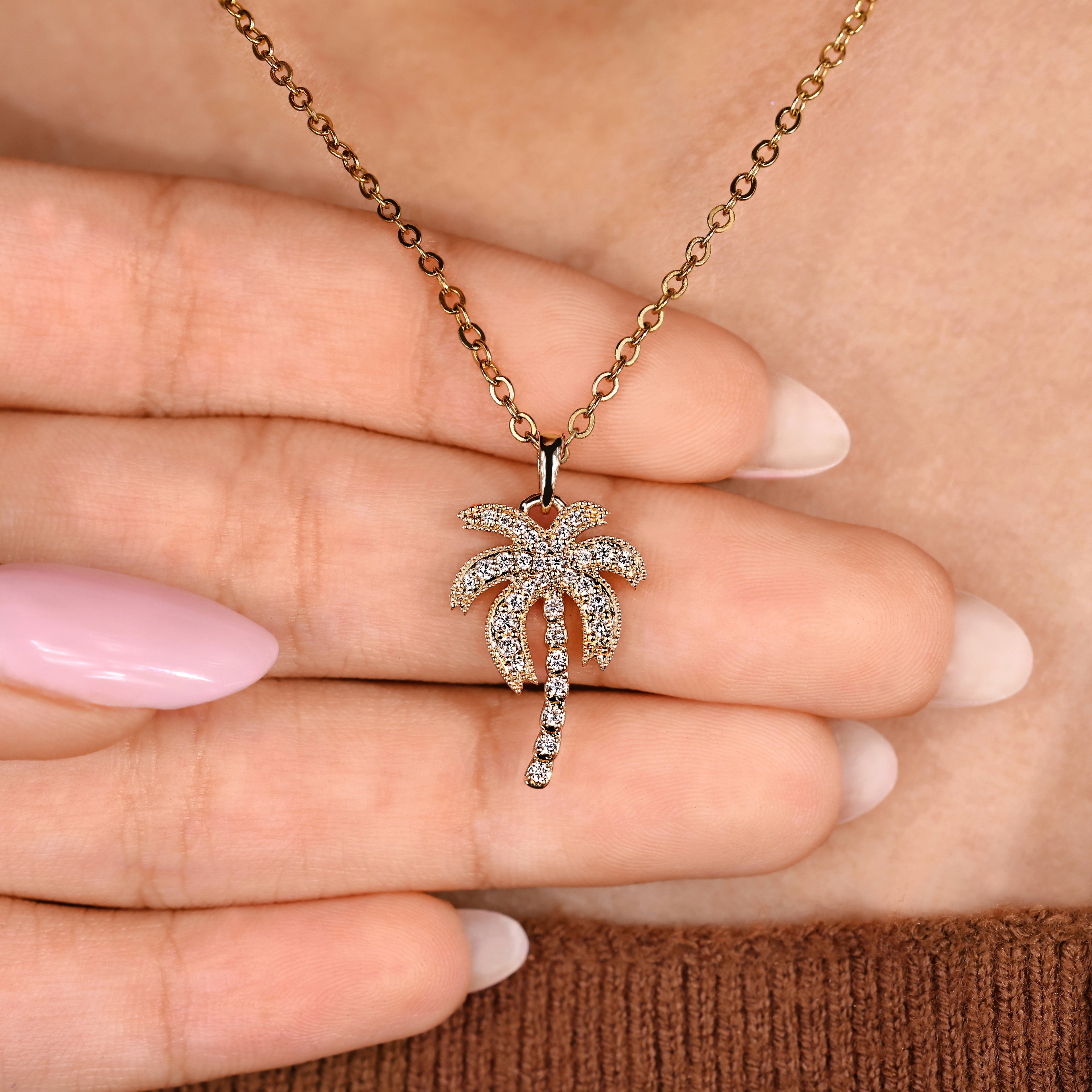 Palm Tree Pendant with Round Lab Grown Diamond in Tropical Style