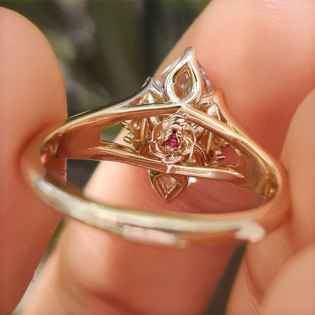 Marquise Diamond Ring In Hidden Flower Pink Ruby