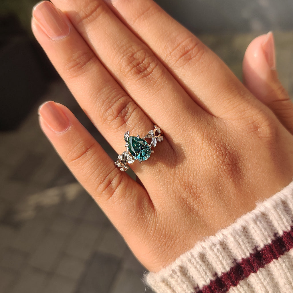 Cyan Blue Moissanite Pear Nature inspired Ring with Leaf Design
