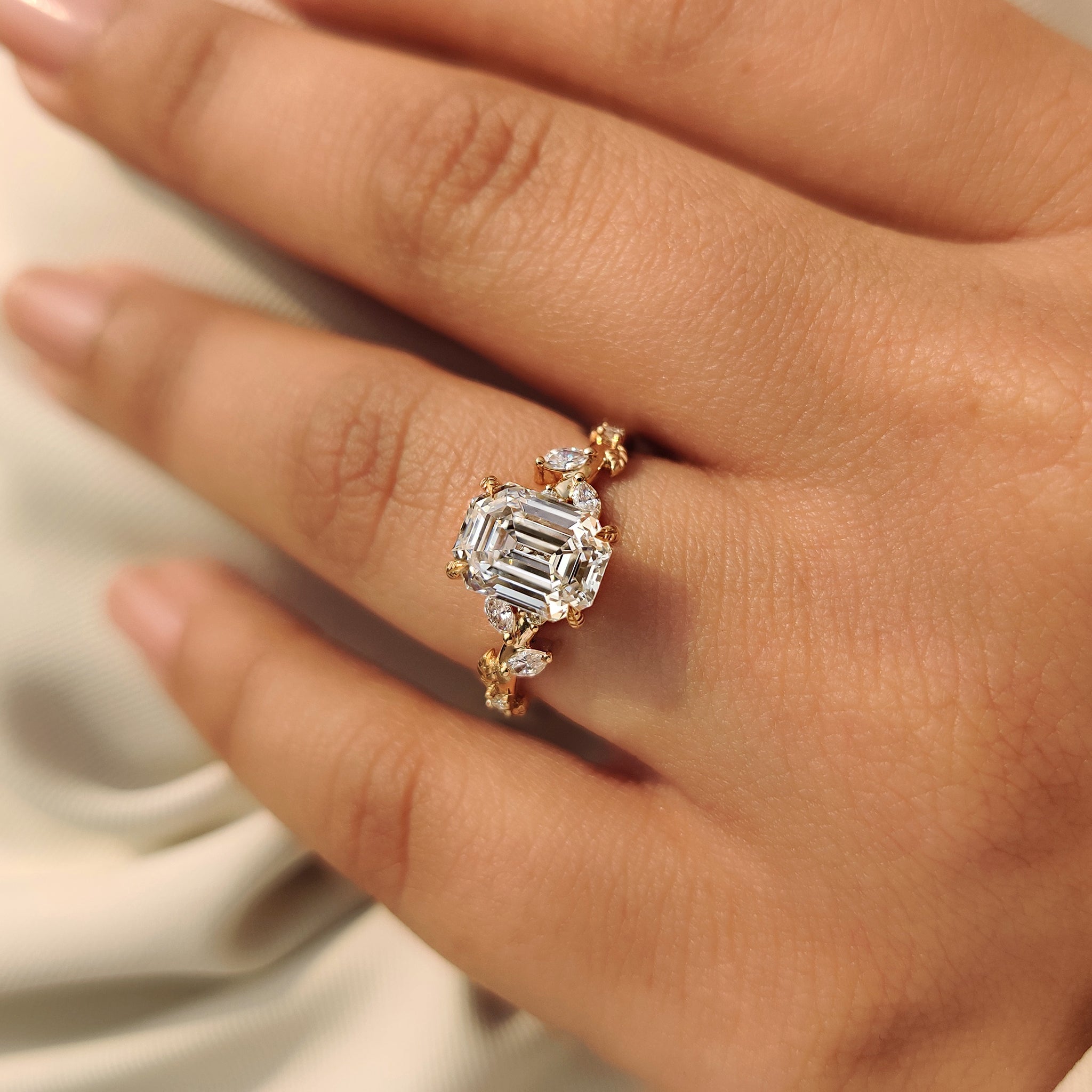 Old Mine Emerald Cut Nature Inspired Ring in Leaf Style Prong Secondary image