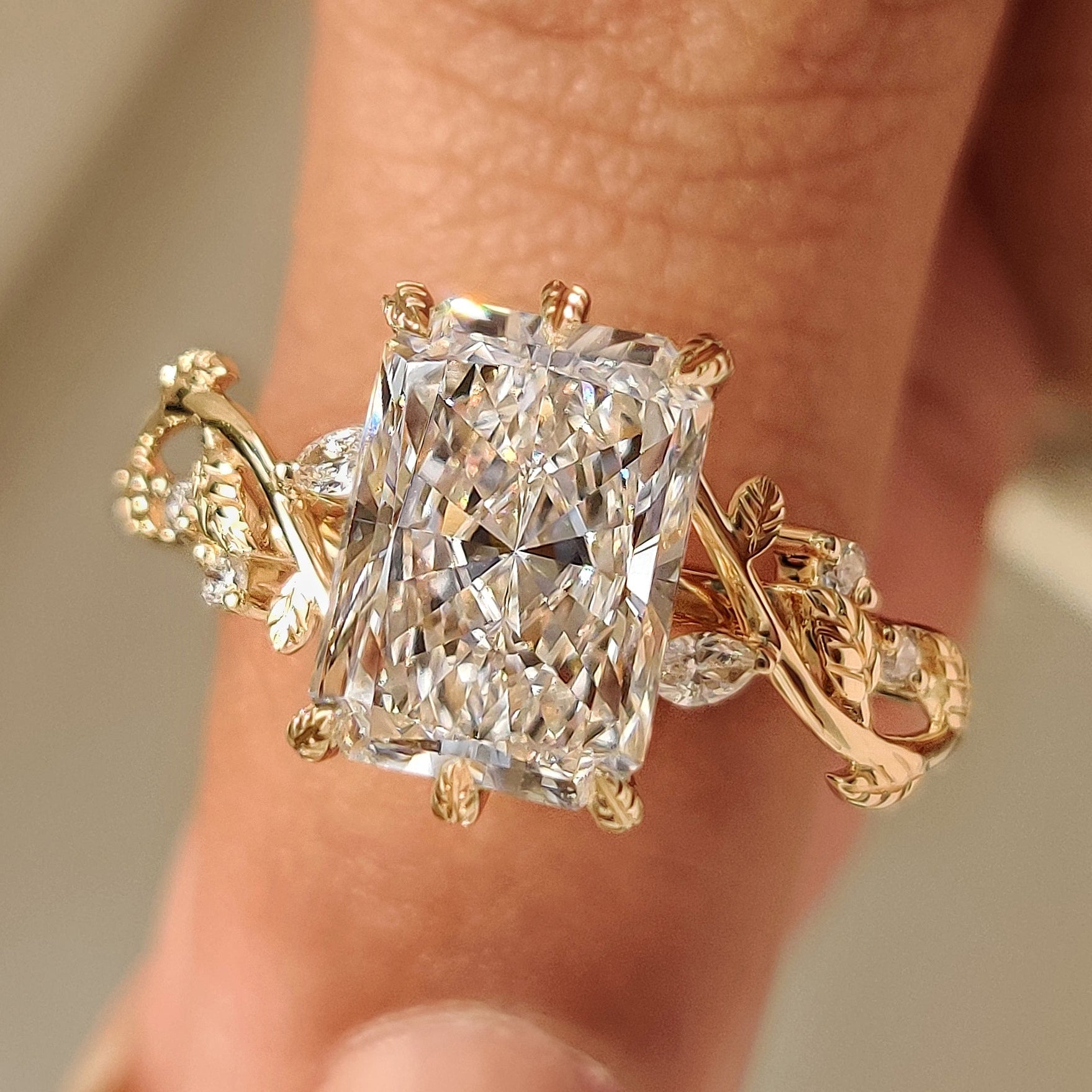 Radiant Cut Nature Inspired Engagement Ring with Leaf Style Prong Main image