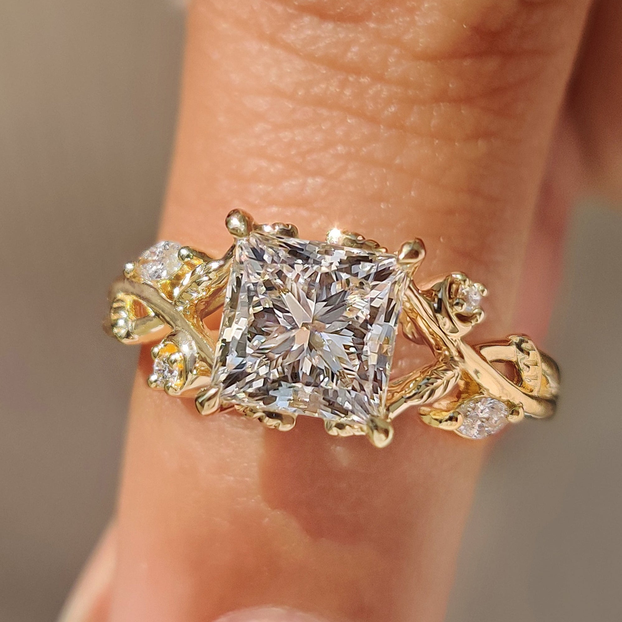Nature Inspired Princess Cut Ring in Leaf Details Main image