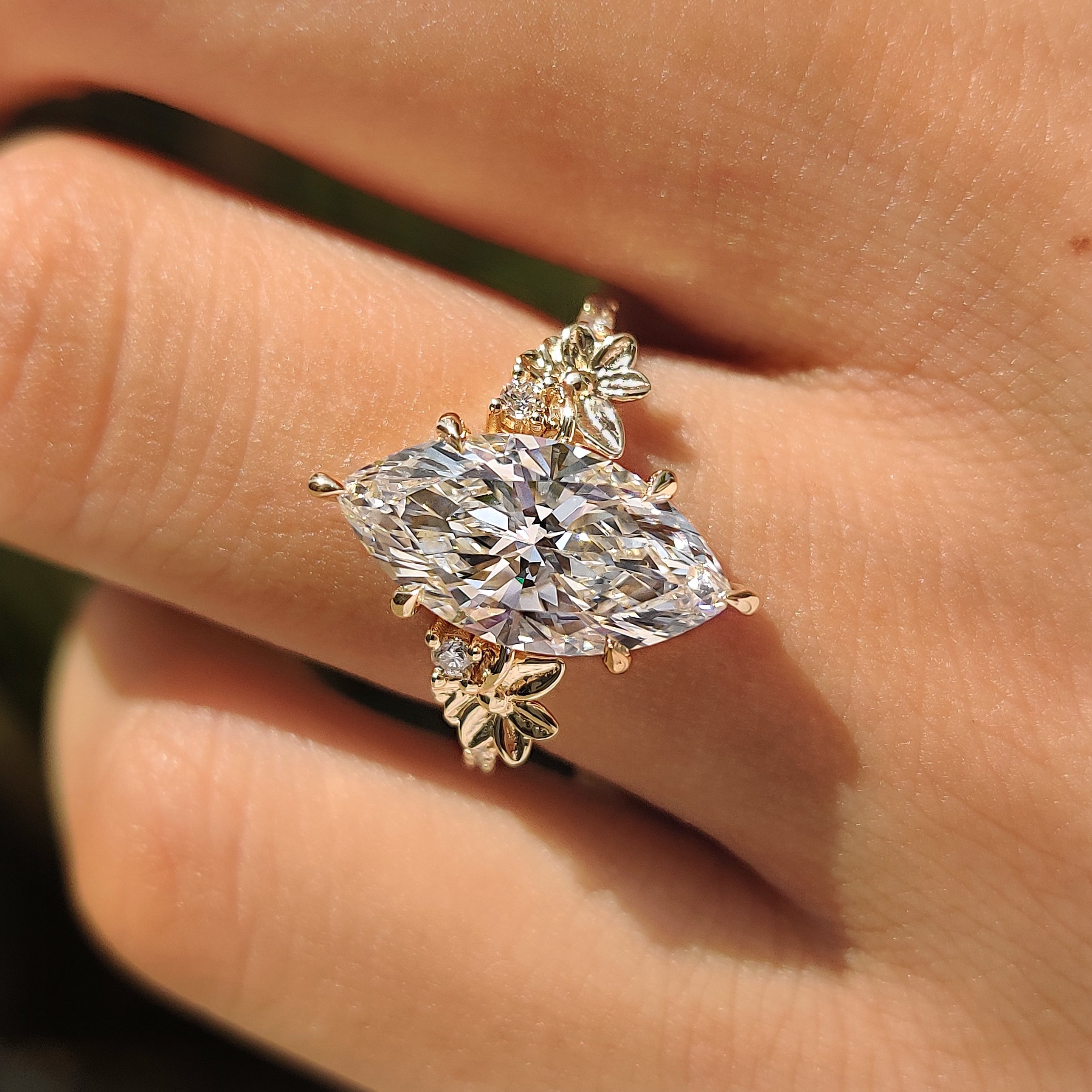 Nature Inspired Marquise Diamond Ring in Flower Detailing