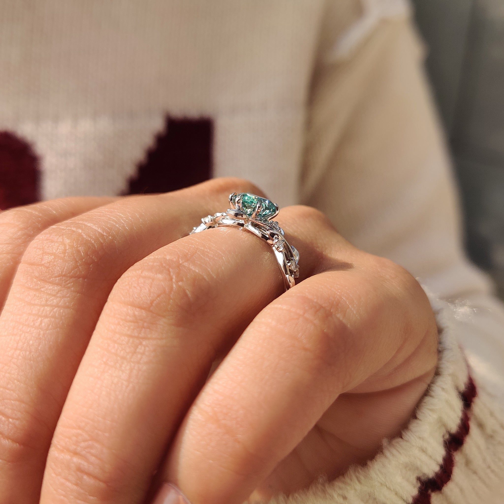 Cyan Blue Moissanite Pear Nature inspired Ring with Leaf Design