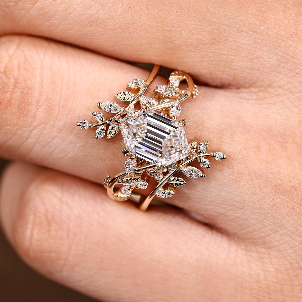 Hexagon Step Engagement Ring With Wedding Band In Nature Inspired