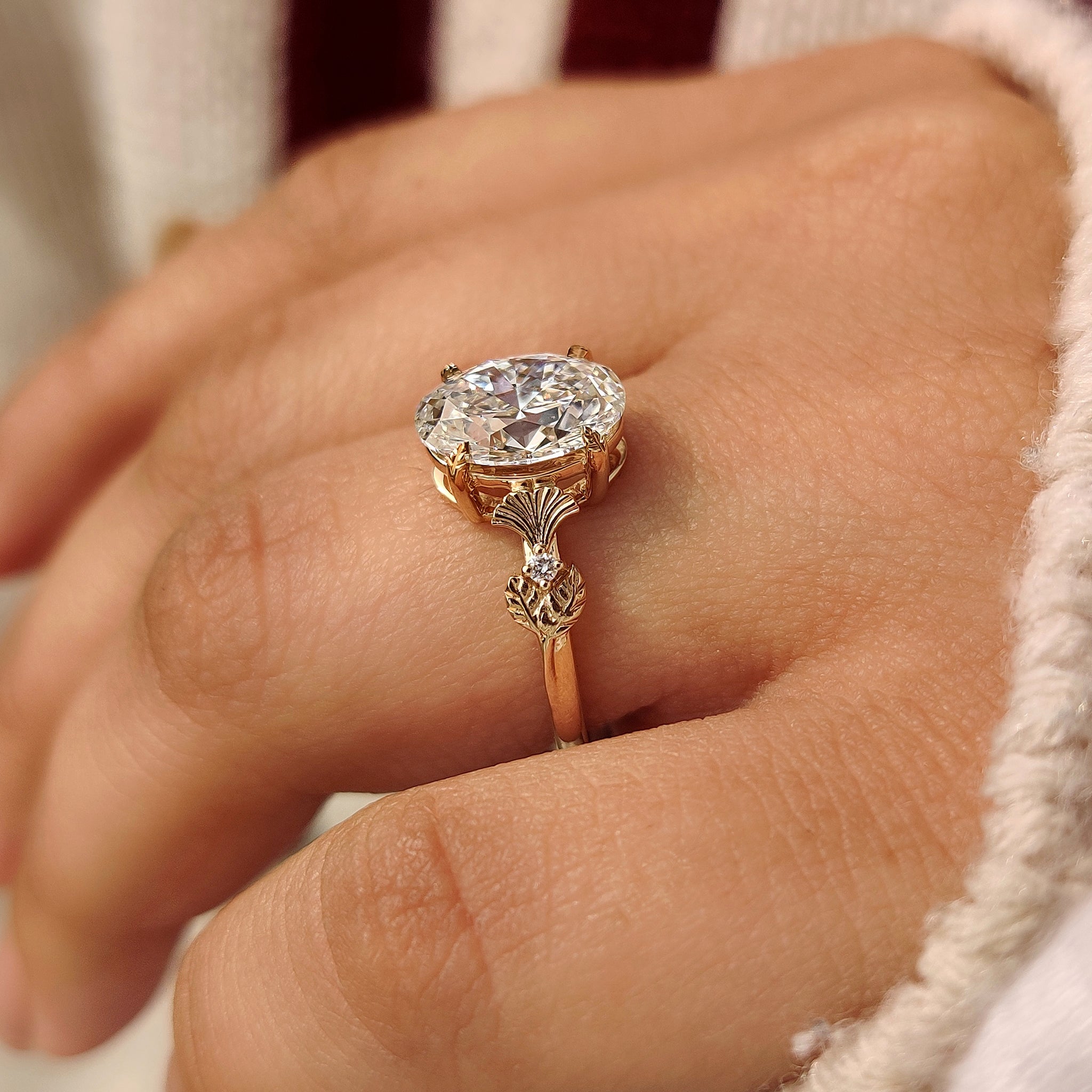 Nature Inspired Oval Diamond Ring in Leaf Style Prong