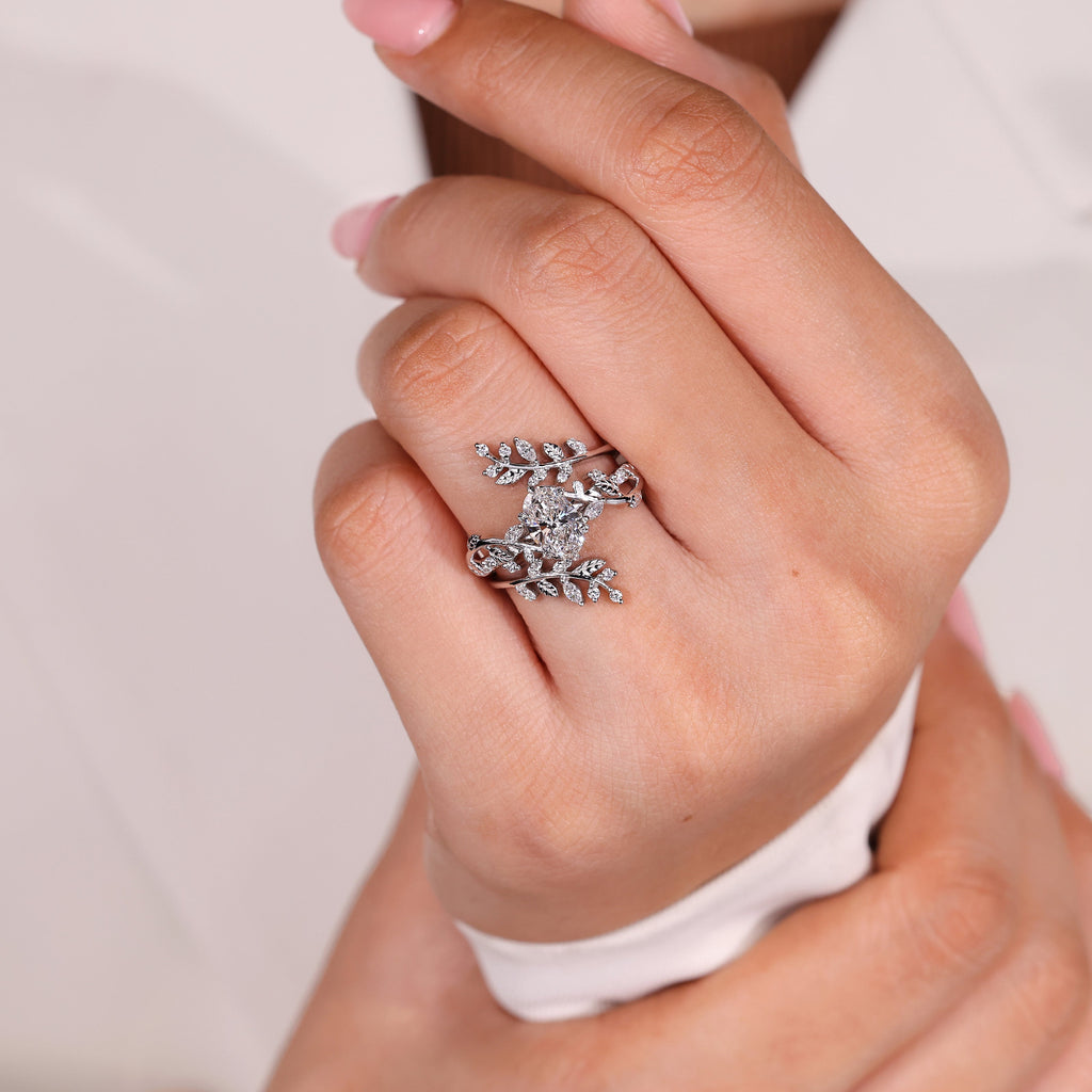 Oval Engagement Ring with Wedding Band in Nature Inspired Style