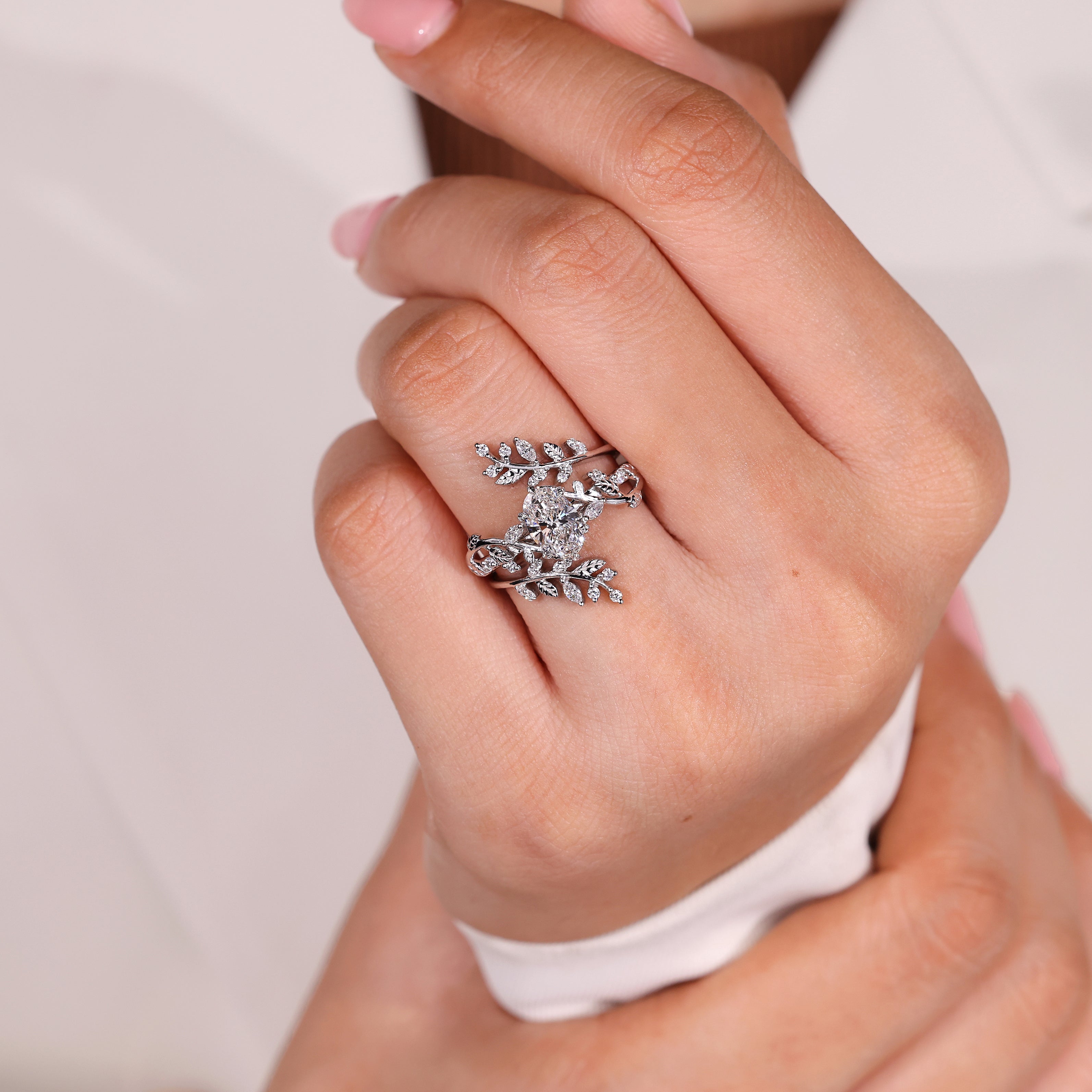 Oval Engagement Ring with Wedding Band in Nature Inspired Style