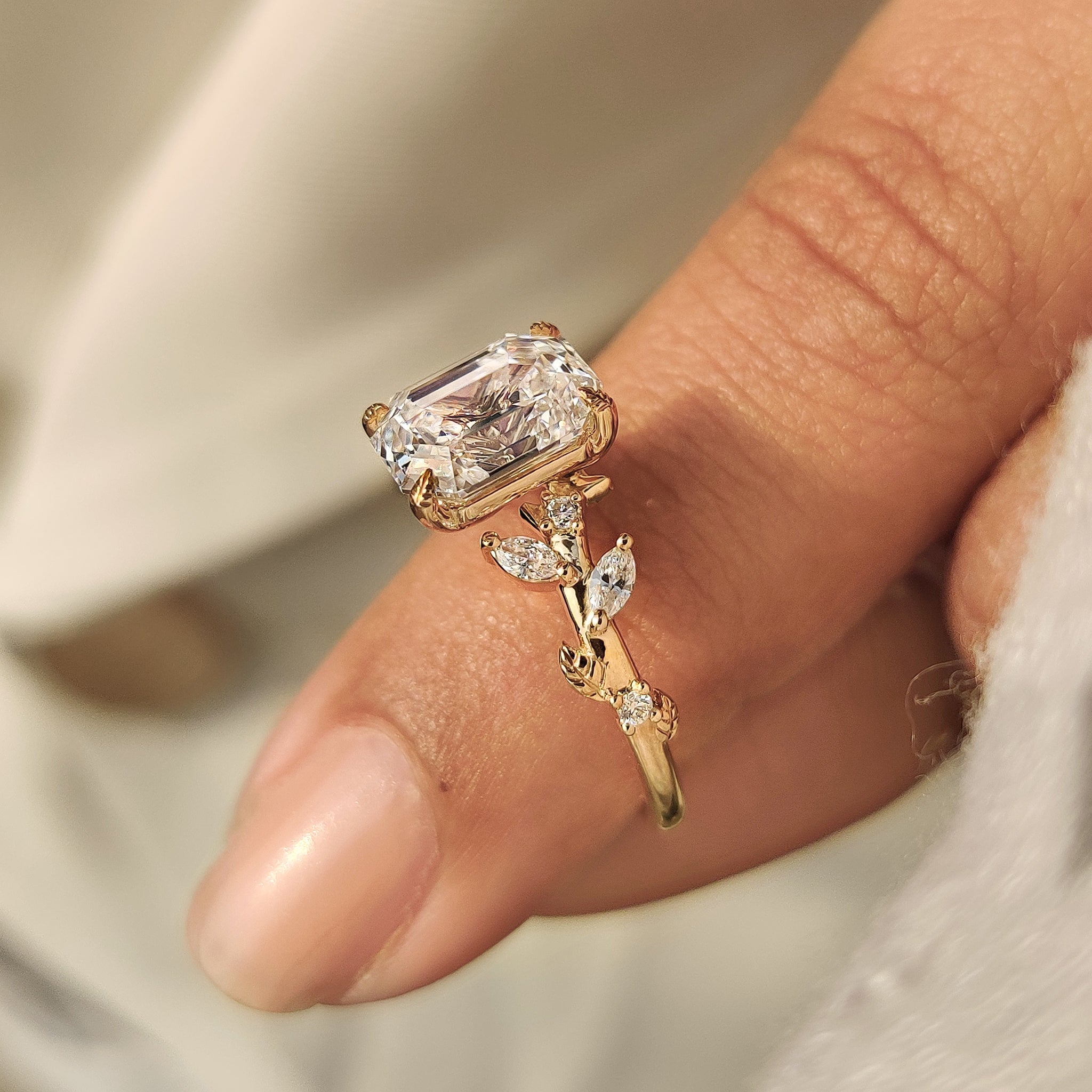 Old Mine Emerald Cut Nature Inspired Ring in Leaf Style Prong