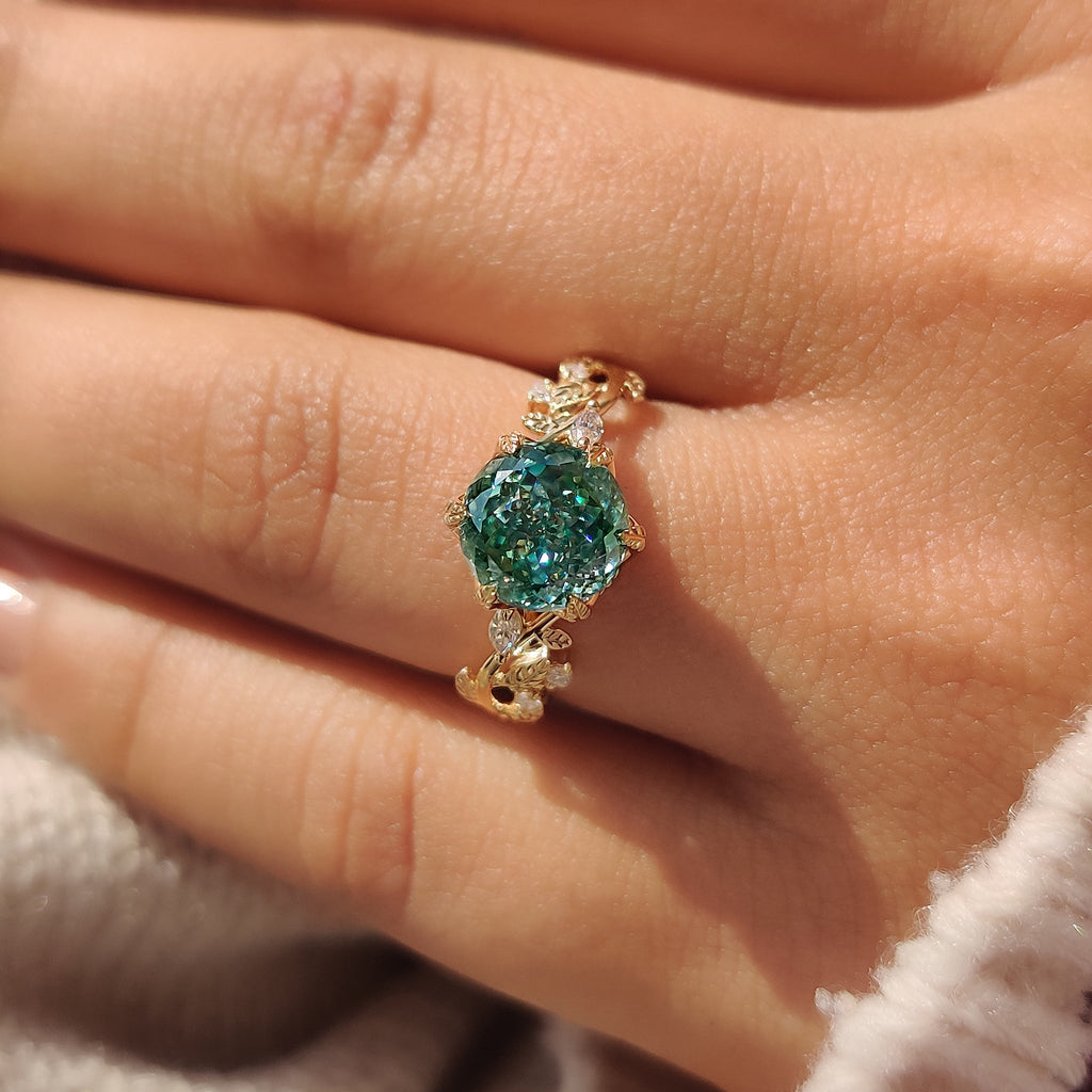 Nature Inspired Cyan Blue Portuguese Cut Moissanite Ring in Tulip Setting