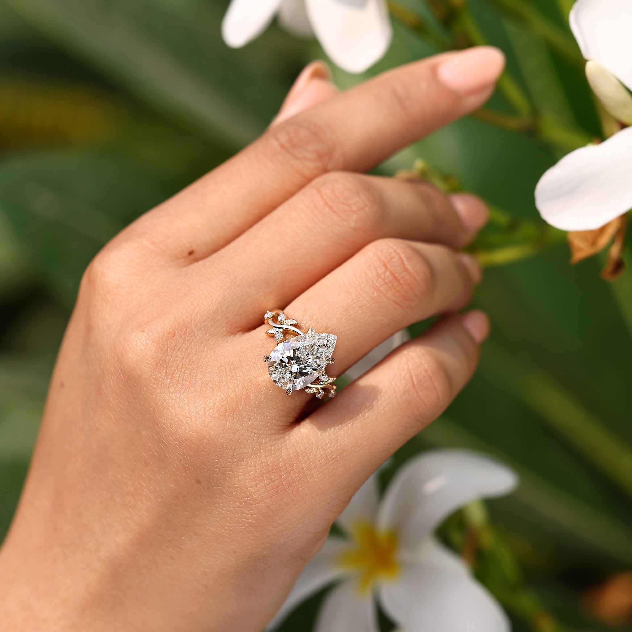 5 - 10 Carat IGI Certified Pear Cut Nature Inspired Engagement Ring