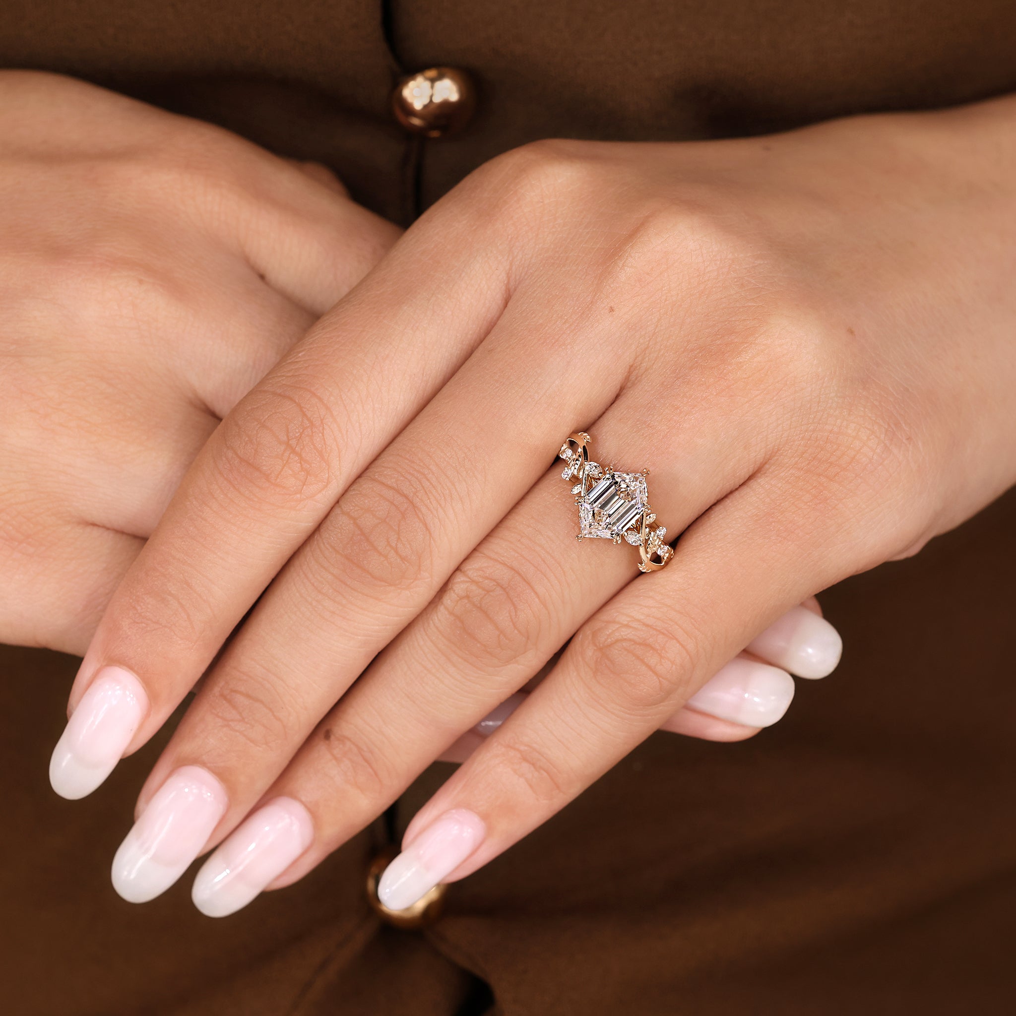 Nature Inspired Ring with Elongated Hexagon Step Cut Diamond