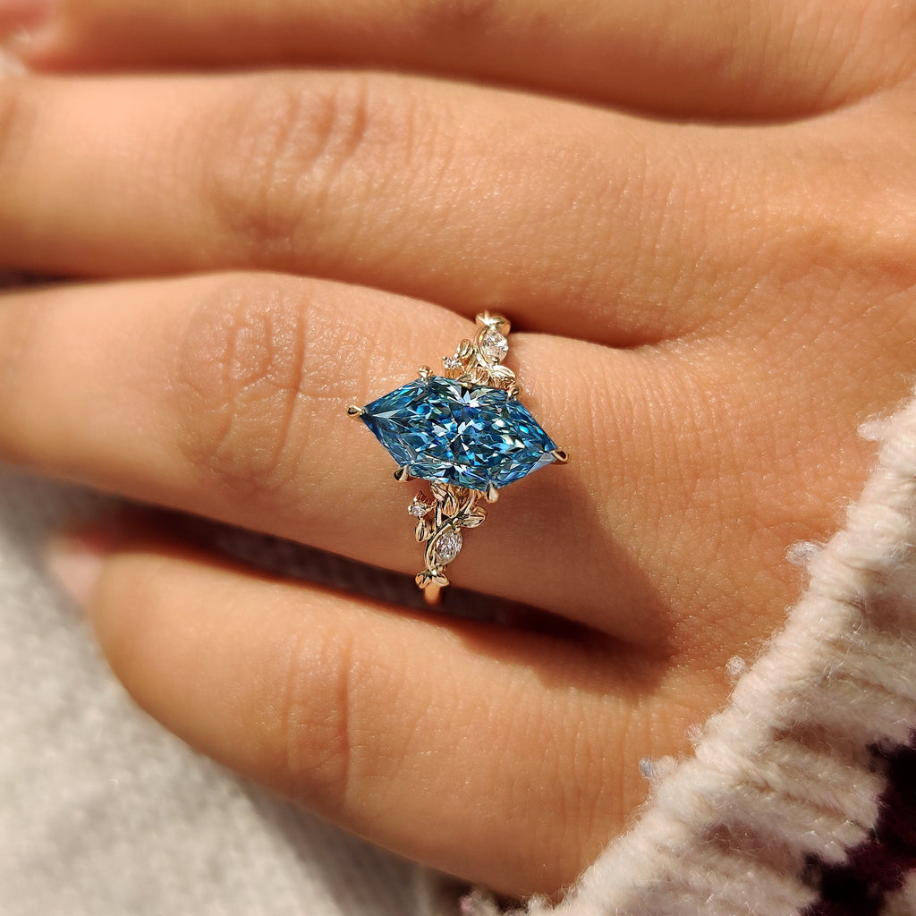 Blue Dutch Marquise Nature Inspired Engagement Ring With Side Stone