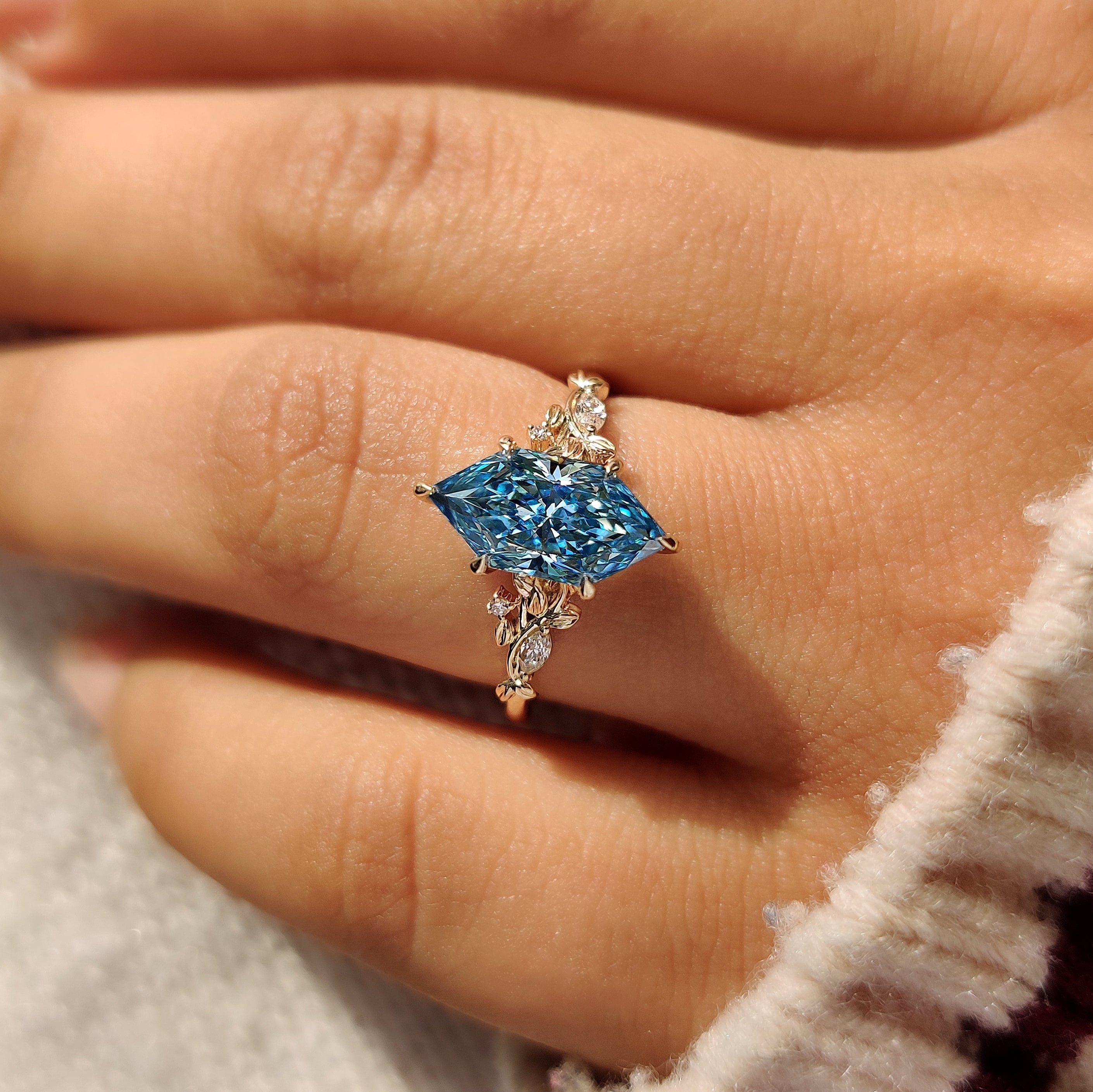 Blue Dutch Marquise Nature Inspired Engagement Ring With Side Stone