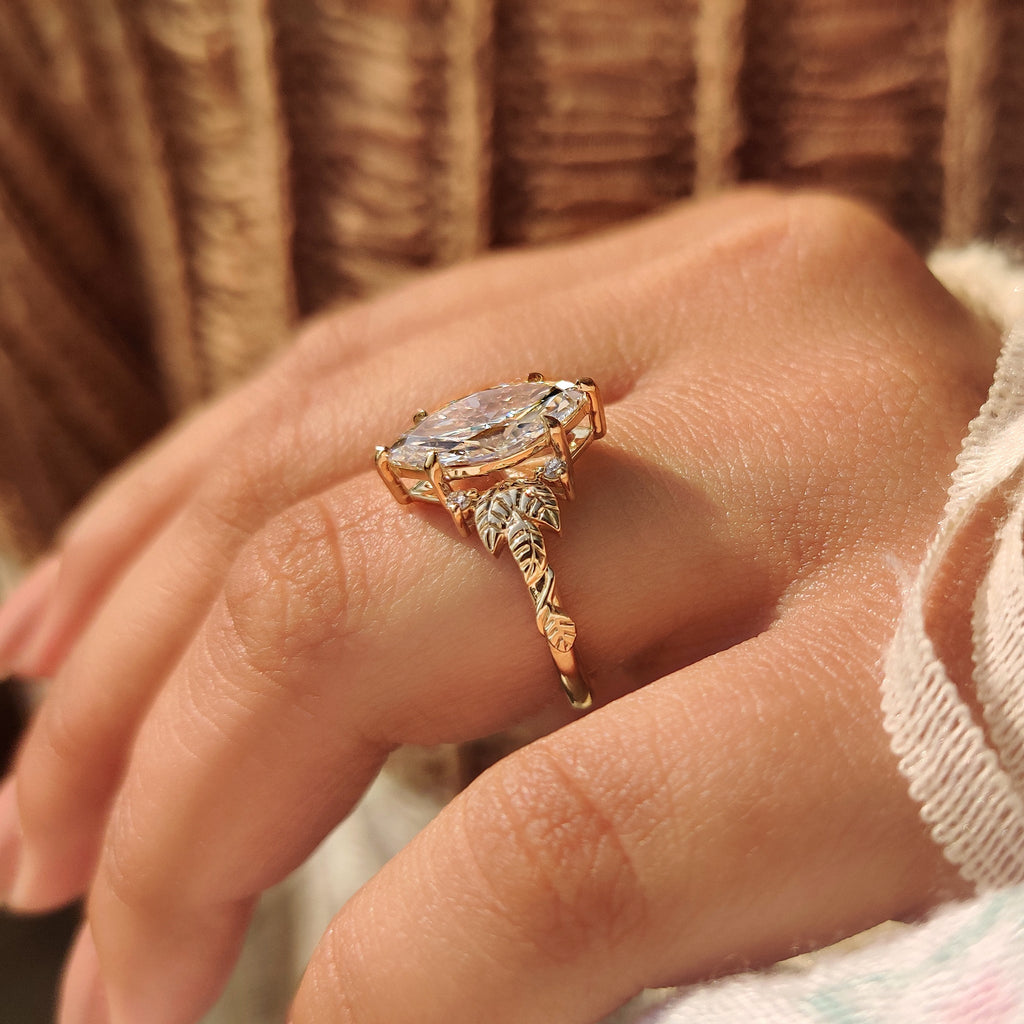 Marquise Diamond Nature Inspired Engagement Ring with Leaf Details