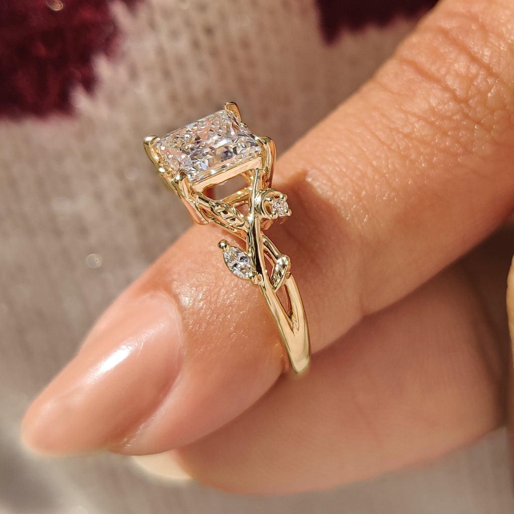 Nature Inspired Princess Cut Ring in Leaf Details