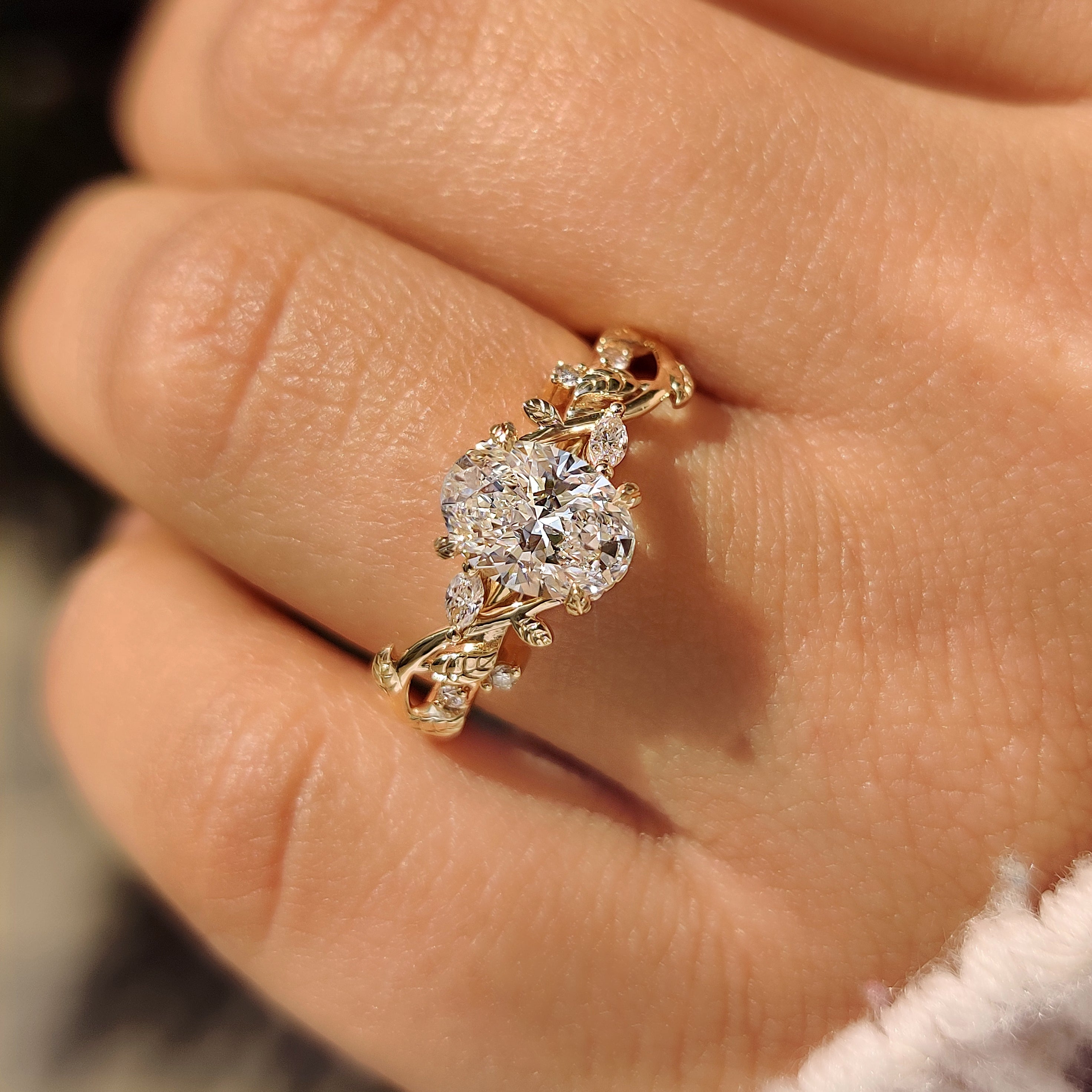 Nature Inspired Oval Diamond Ring with Leaf Style Prong Setting Secondary image