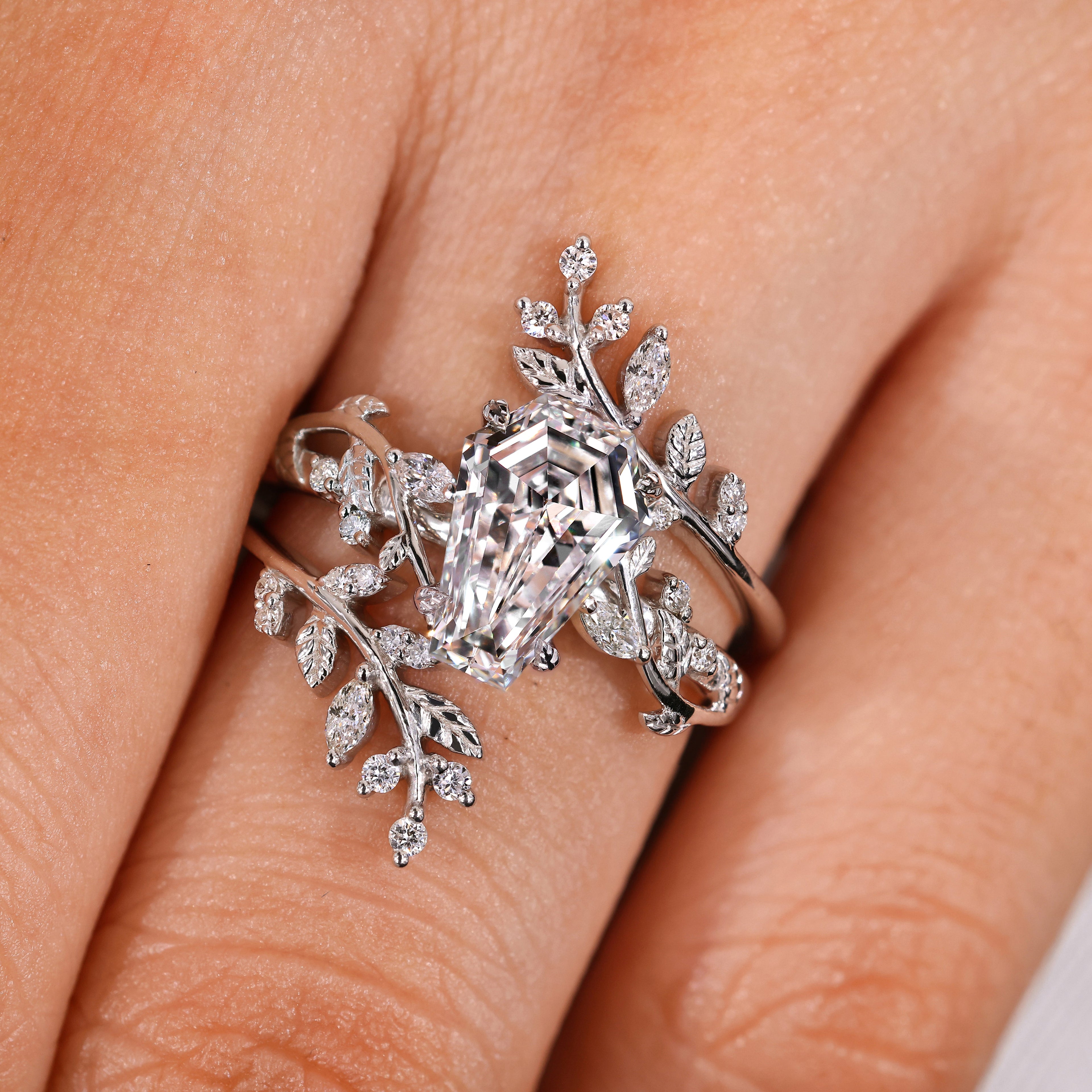 Nature Inspired Coffin Wedding Ring with Leaf Wrap Guard Band