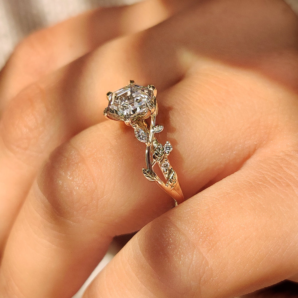 Nature Inspired Hexagon Cut Engagement Ring in Cluster Setting