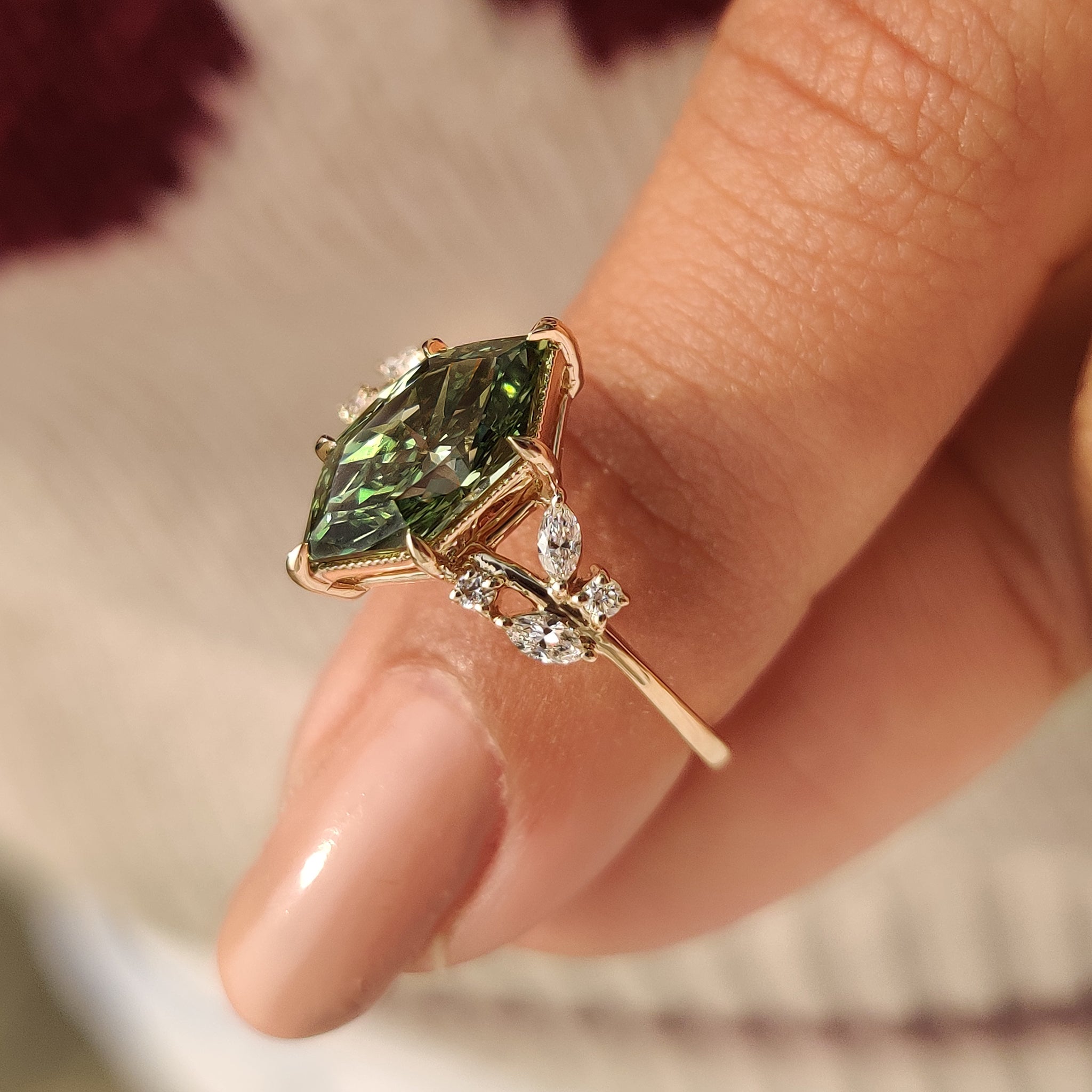 Nature Inspired Green Dutch Marquise Engagement Ring