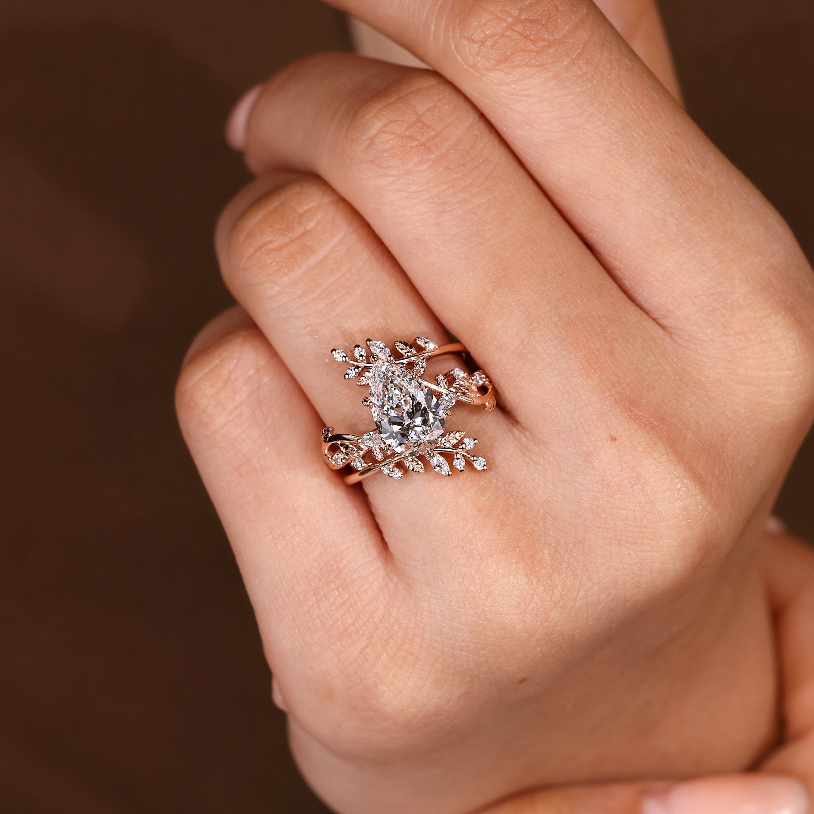 Pear Shaped Engagement Ring With Wedding Band In Nature Inspired Style