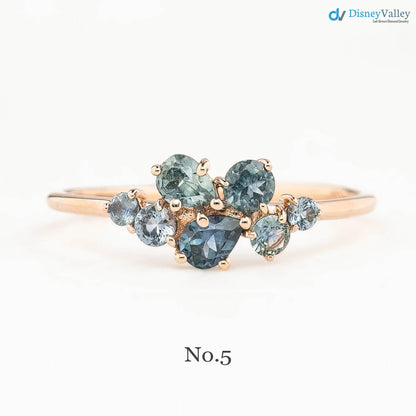 One of a kind Teal blue sapphire cluster ring unique multi cluster ring, multi stone green ring DisneyValley