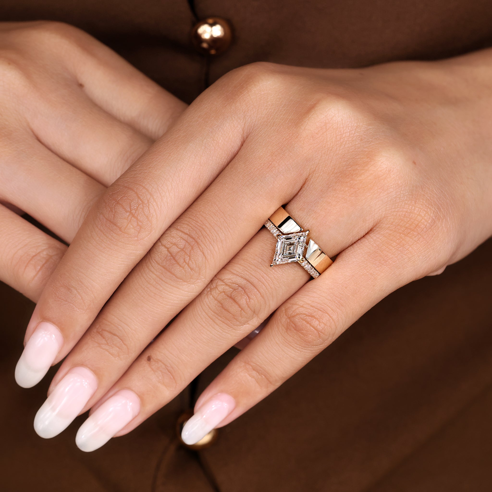 Lozenge Cut Pave Engagement Ring with Stackable Wedding Band