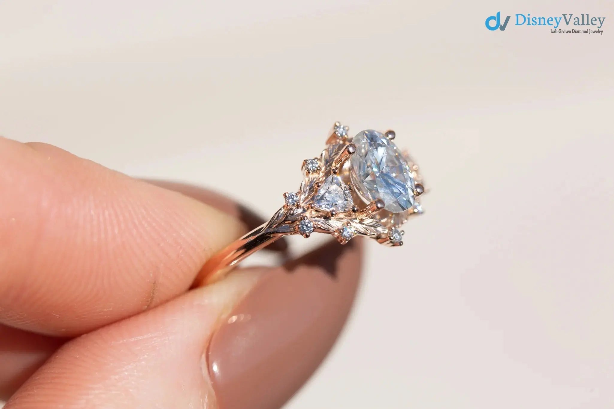 Oval Cut Lab Grown Diamond with Rose Floral Halo wedding rings DisneyValley