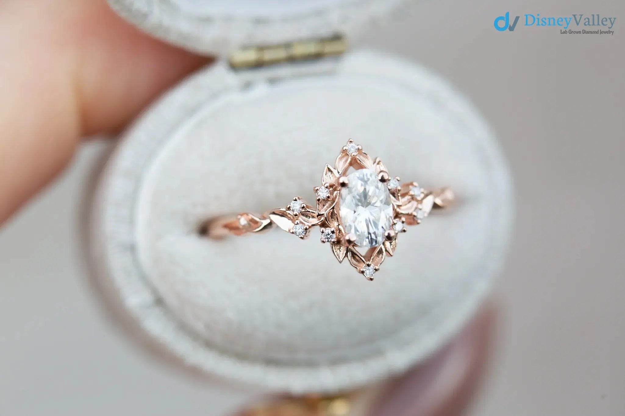 Oval Cut Lab Grown Diamond with Rose Floral Halo wedding rings DisneyValley