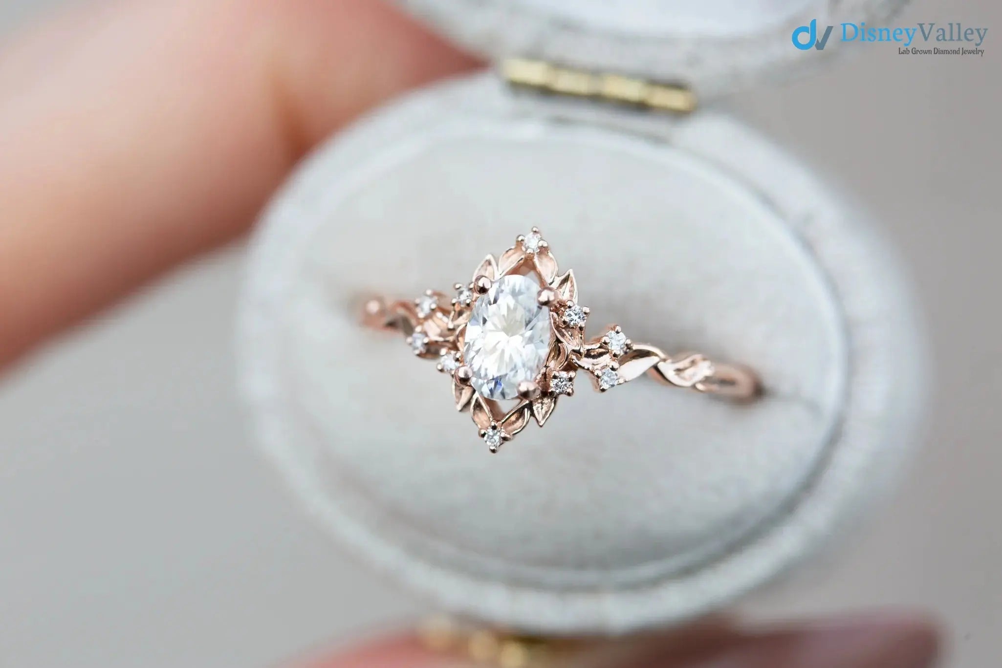 Oval Cut Lab Grown Diamond with Rose Floral Halo wedding rings DisneyValley