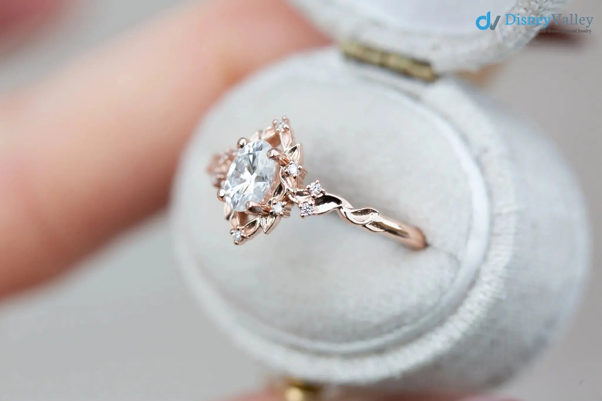 Oval Cut Lab Grown Diamond with Rose Floral Halo wedding rings DisneyValley